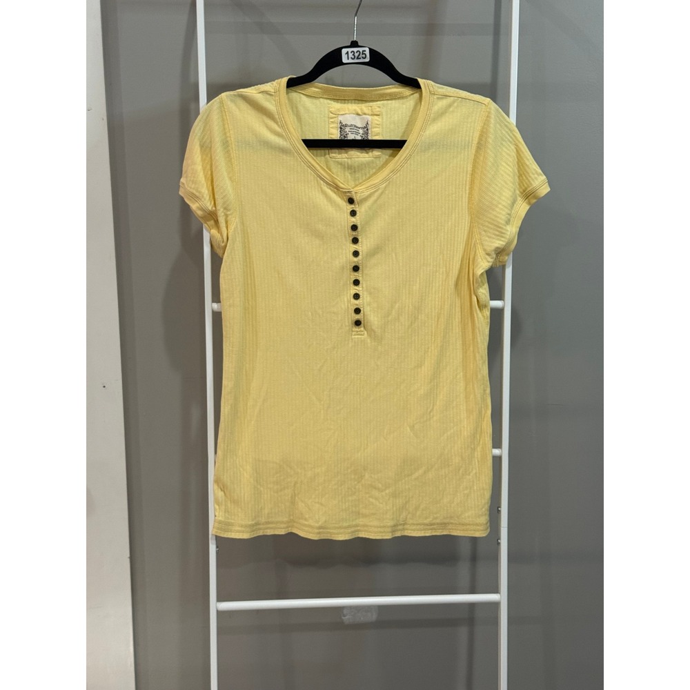 Ruff Hewn Women's Yellow Ribbed Cotton Short Sleeve Henley Size L Boho Western